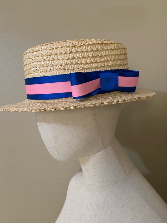Scala Women’s Gondola Natural Straw Boater Hat with Pink and Blue Lace Size L - Picture 2 of 7